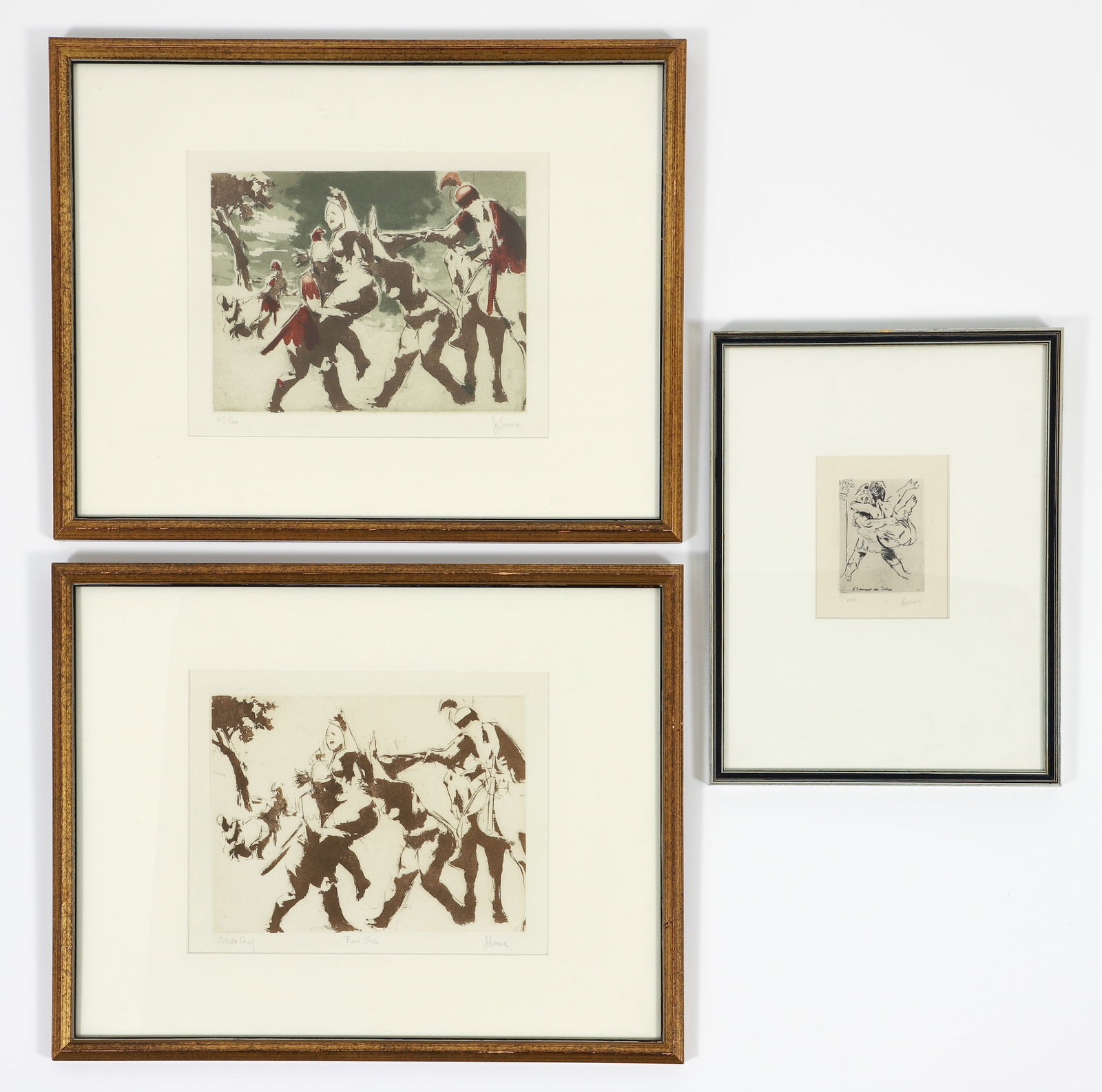 3 Jack Levine Abduction of the Sabines Etchings Signed 1965: Levine, Jack (American, 1915-2010), 3 etchings of The Sabines. FIRST and SECOND: Abduction of the Sabines, 1965, includes first state of etching, pencil signed and editioned artist's proof at lower ma
