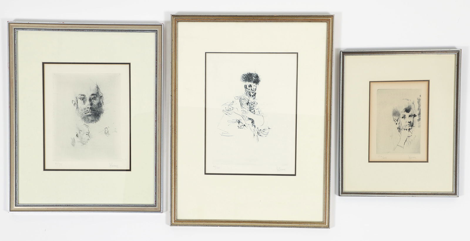 3 Jack Levine Etchings Signed: Levine, Jack (American, 1915-2010), 3 etchings. FIRST: Death's Head-Hussar, 1965, etching, pencil signed and numbered 45/100 at lower margin, plate size 11.75 x 8.75 inches, framed 23.5 x 18.5 inches.