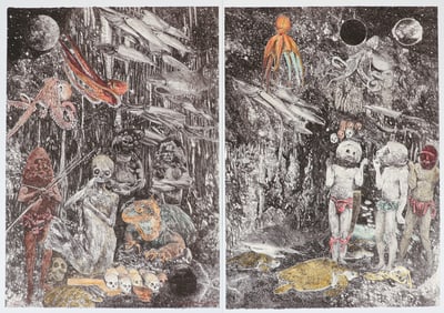 Ann McCoy The Underworld Handcolored Lithograph 1980 Diptych