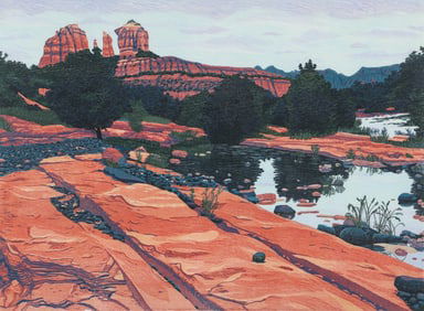 Gordon Mortensen 1983 color woodcut Lower Oak Creek Canyon