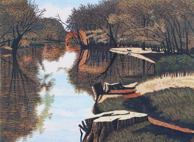 Gordon Mortensen 1982 color woodcut October on The Sioux