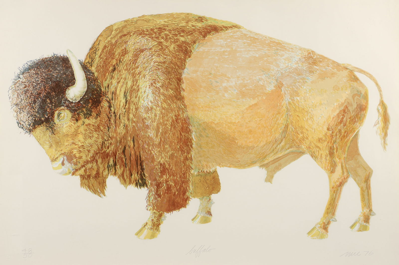 Don Nice 1976 original signed lithograph Buffalo: Nice, Don (American, 1932-2019), Buffalo, 1976, lithograph printed in colors on wove paper, 32 x 47-1/2 inches (81.3 x 120.7 cm) (sight), pencil signed and numbered 48/50, Provenance: Nancy Hoffman Ga