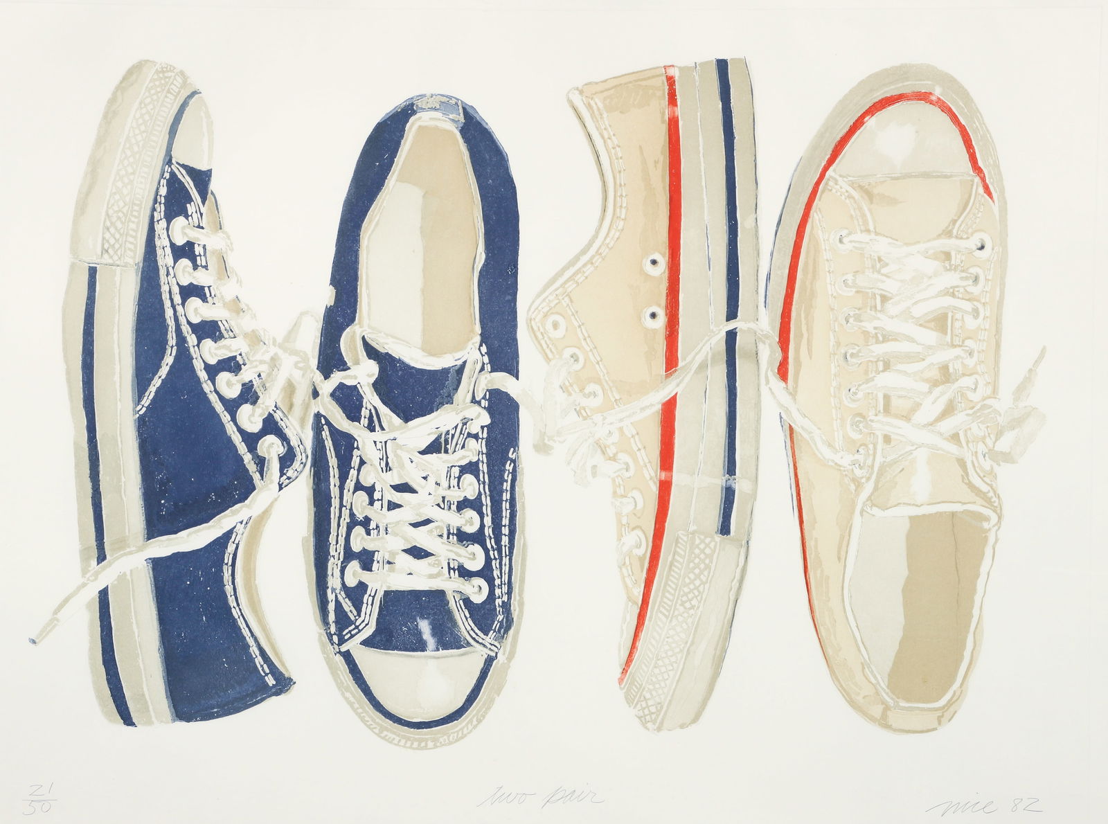 Don Nice 1982 color etching Two Pair (Double Sneakers): Nice, Don (American, 1932-2019), Two Pair (Double Sneakers), 1982, etching and aquatint, 32 x 41 3/4 inches (sheet), 27 3/4 x 39 1/4 inches (image), pencil signed and numbered 21/50, framed measuring