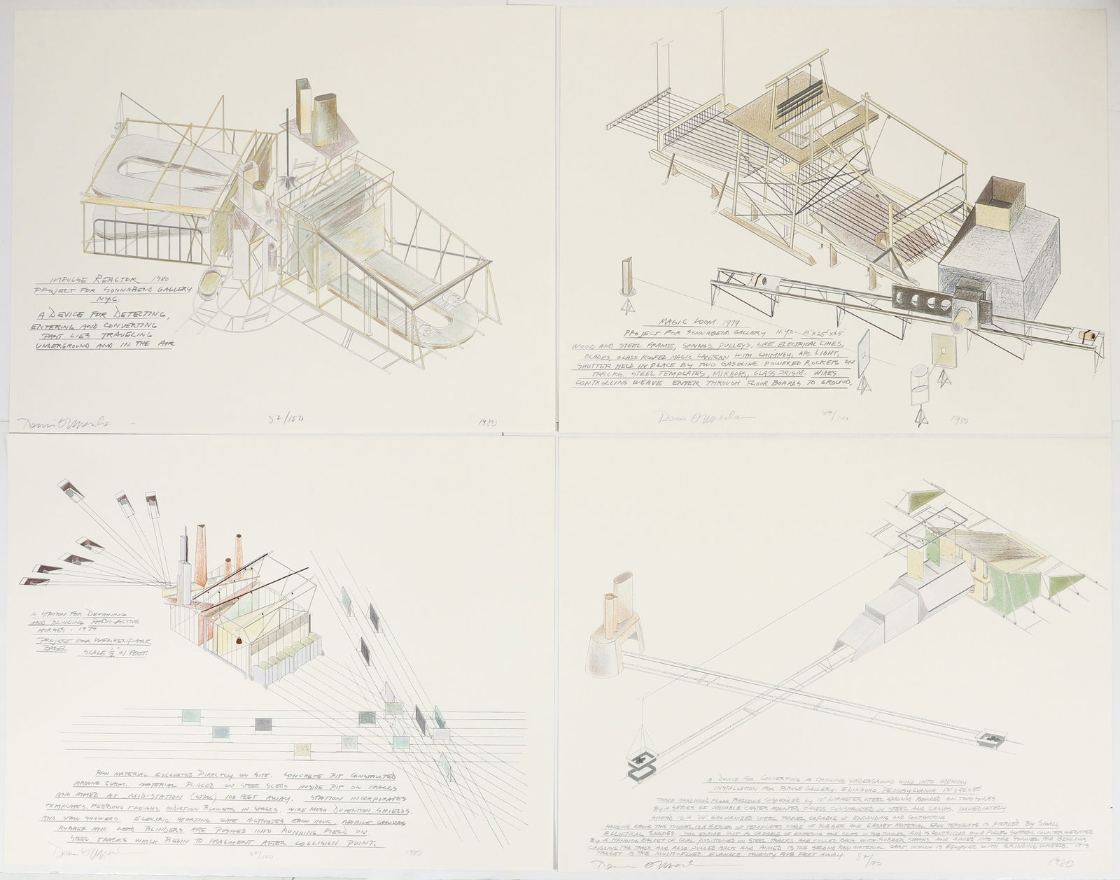 4 Dennis Oppenheim Large Lithographs 1980: Oppenheim, Dennis (American, 1938-2011), 4 large color lithographs from 1980, includes: Station for Detaining and Blinding Radioactive Horses, edition 82/100, Impulse Reactor, edition 82/100, A Device