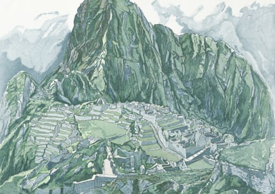 Philip Pearlstein 1979, color aquatint Machu Picchu