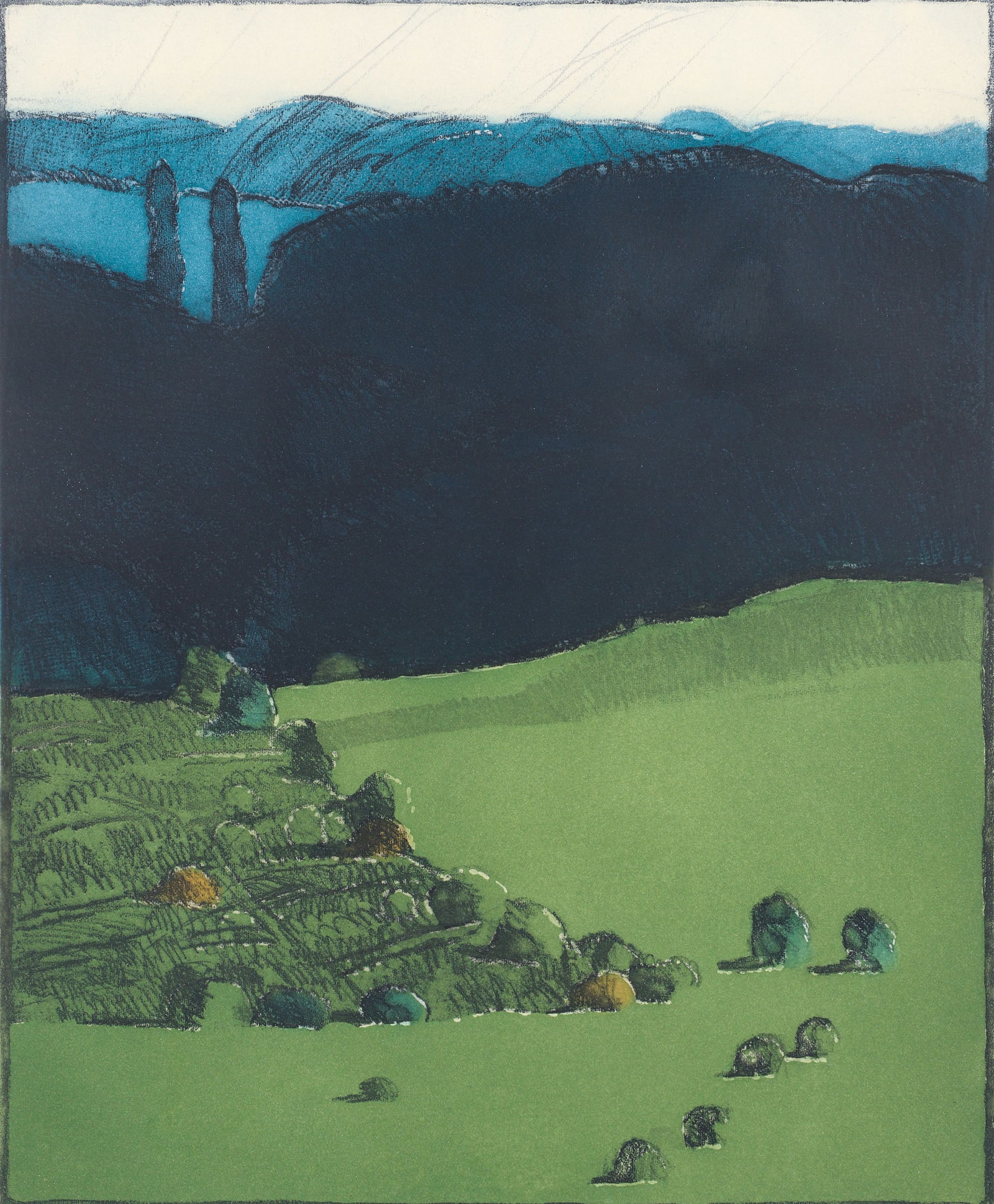 Linda Plotkin orig etching Buffalo Run: Plotkin, Linda (American/Pennsylvania, born 1938), Buffalo Run, color etching, 24 x 19.5 inches, pencil signed and numbered 3/120, framed measuring 35 x 26.5 inches.