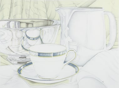 Jeanette Pasin Sloan Cup with Blue Rim Lithograph 1980 Signed