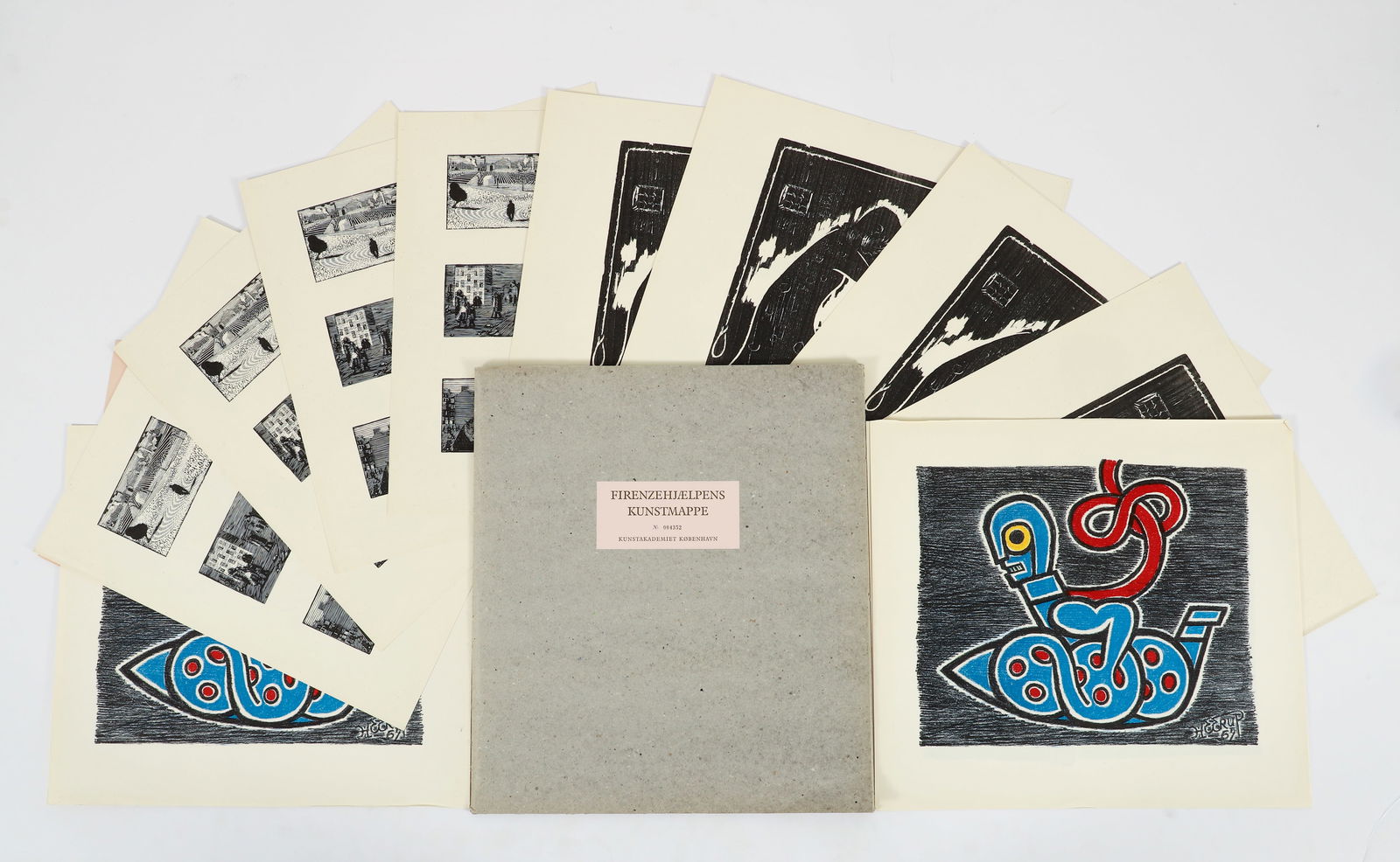 3 prints from Danish Art Portfolio 1967, multiple copies: Soren Nielsen, Palle Nielsen and Henry Heerup, 3 prints from Firenzehjaelpens Kunstmappe Portfolio, each with multiple copies, 1967, published by Gyldendals for the Kunstakademiet in Copenhagen, sheet