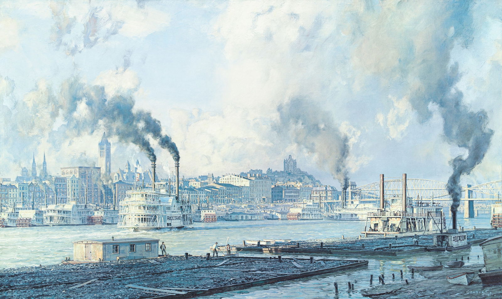 John Stobart signed offset litho Pittsburgh The Monongahela Waterfront in 1900 (1 of 3)