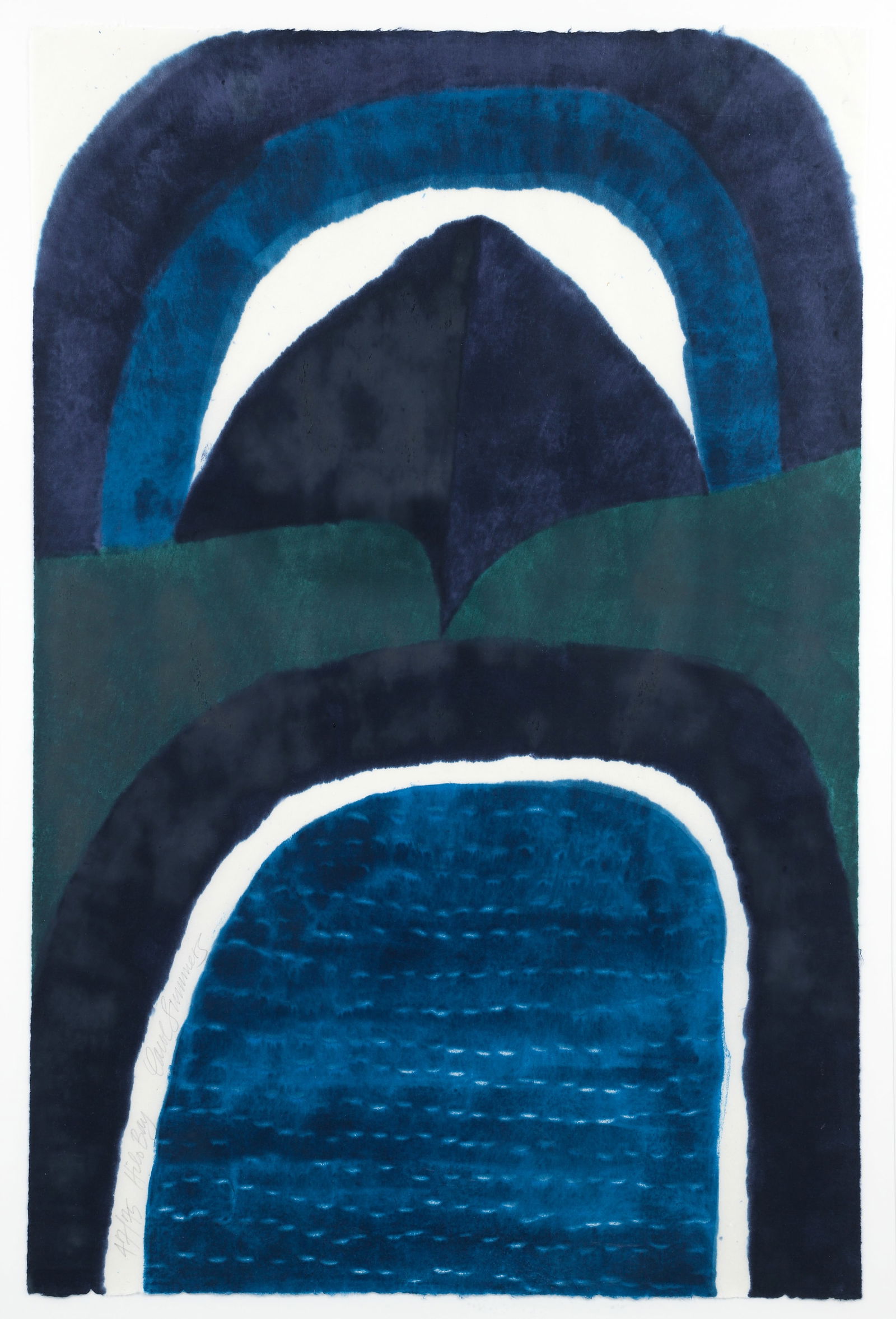 Carol Summers 1974 hybrid woodcut Hilo Bay: Summers, Carol (American, 1925-2016), Hilo Bay, 1974, color woodcut and monotype on Japanese paper, 37.25 x 24.5 inches, pencil signed, titled and numbered 47/75, framed 45 x 32 inches.