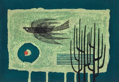 Fumio Fujita 1963 Signed Color Woodblock Abstract with Bird