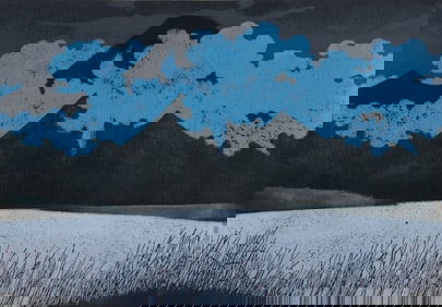 Ichiro Fukushima color woodcut Lake Motosu (Motosu-ko)