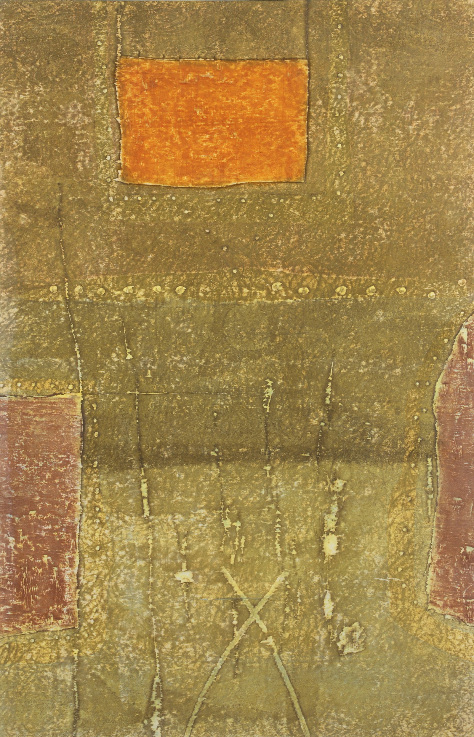 Hideo Hagiwara 1963 color woodcut abstraction A Man in Armor: Hagiwara, Hideo (Japanese, 1913-2007), A Man in Armour, 1963, color woodcut, 36 x 23 inches, pencil signed, titled, dated, and numbered 4/30, framed measuring 42 x 30 inches