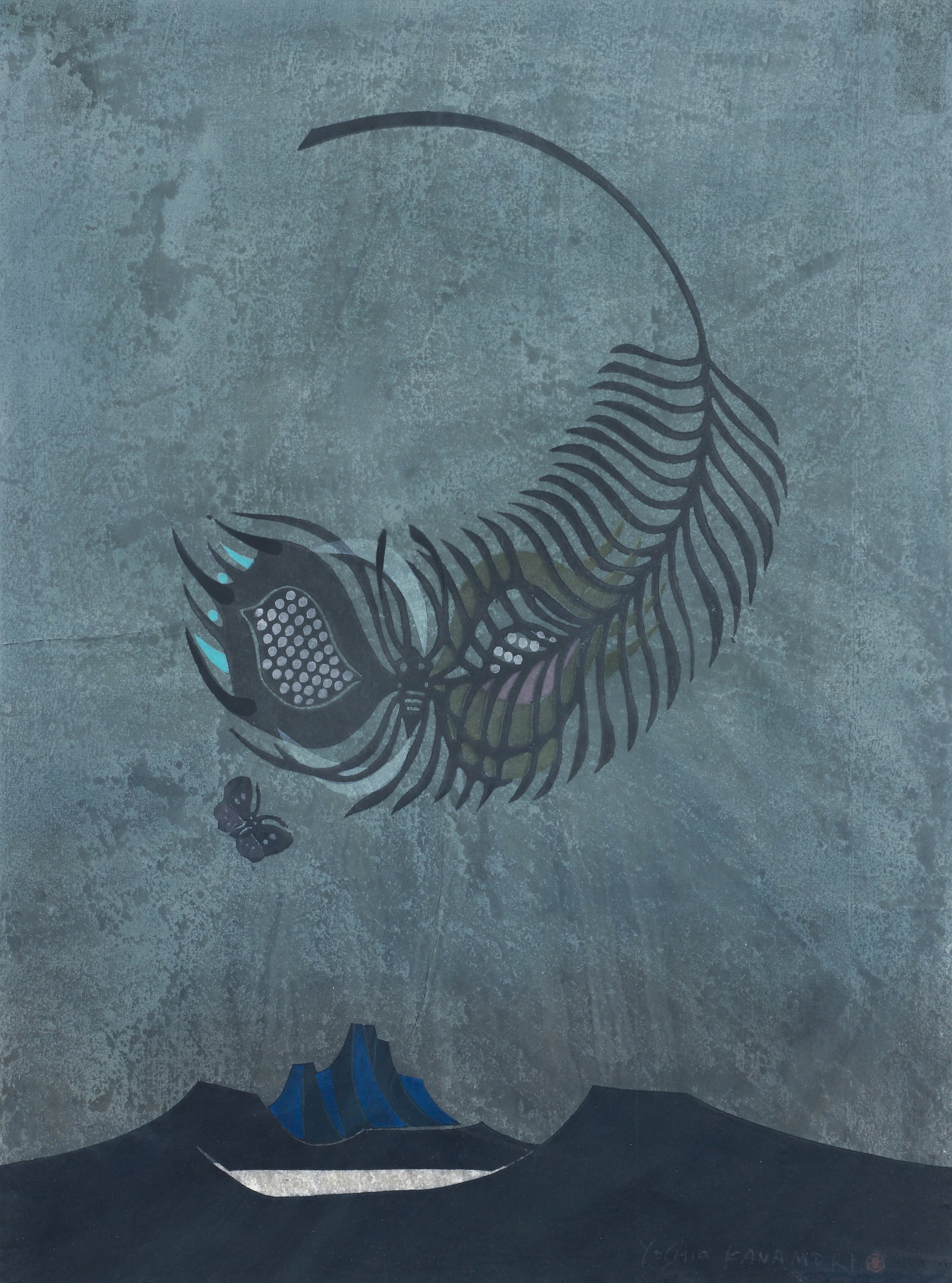 Yoshio Kanamori 1971 woodblock print Feather and Butterfly: Kanamori, Yoshio (Japanese, 1922-2016), Feather and Butterfly, 1971, woodblock print in colors, 24 x 17.5 inches, signed and numbered 10/30, framed measuring 32 x 25 inches, Kanamori was born 1922 in 