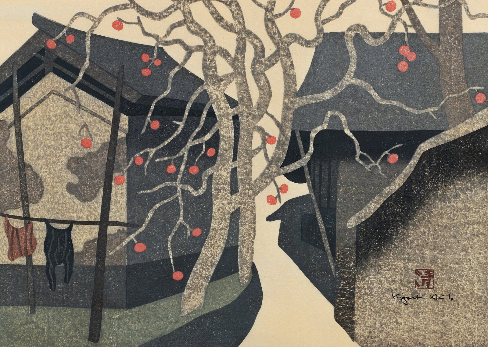 Kiyoshi Saito 1973 color woodcut Kaki No Aizu 5: Saito, Kiyoshi (Japanese, 1907-1997), Kaki No Aizu 5, 1973, color woodblock with mica, 15 x 20.75 inches, 18 x 24.25 inches sheet size, signed in ink in the image and titled in Japanese, inscribed (5)