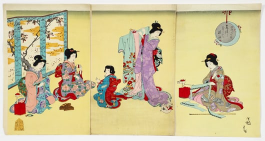 Utagawa Kokunimasa woodblock triptych  Bijin at Leisure with a Cat