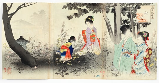 Shuntai Miyagawa woodblock triptych Autumn Flowers 1899