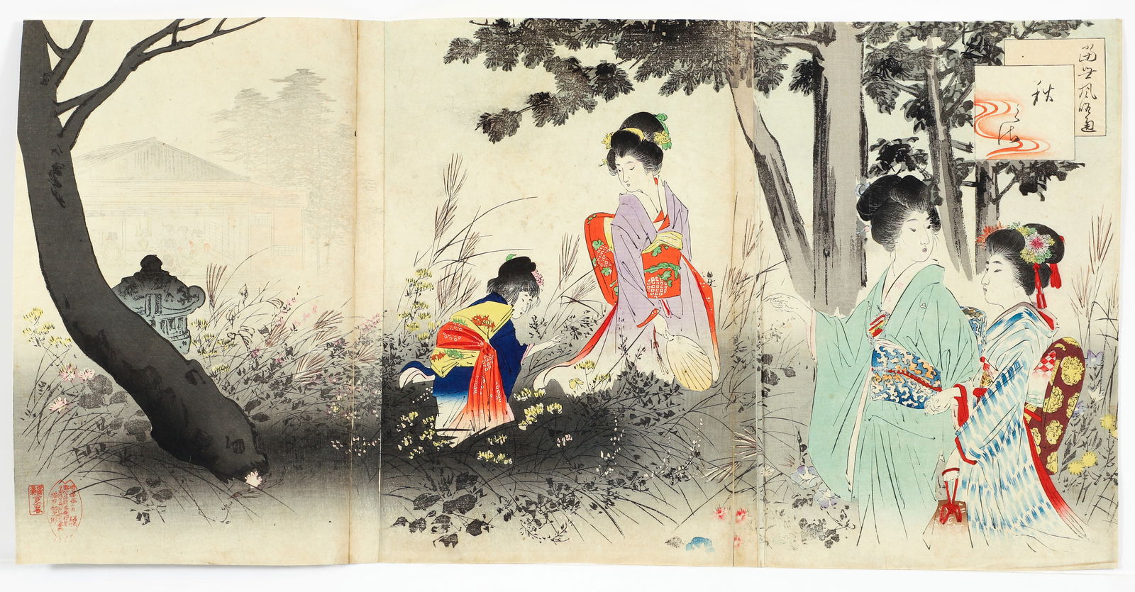 Shuntai Miyagawa woodblock triptych Autumn Flowers 1899 (1 of 3)