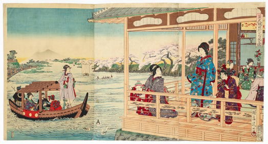 Yosai Nobukazu color woodblock triptych Beauties Enjoying Cherry Blossoms on the Banks