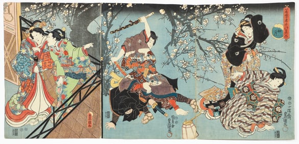 Toyokuni III Utagawa Kunisada triptych woodcut The Second Month (Kisaragi)