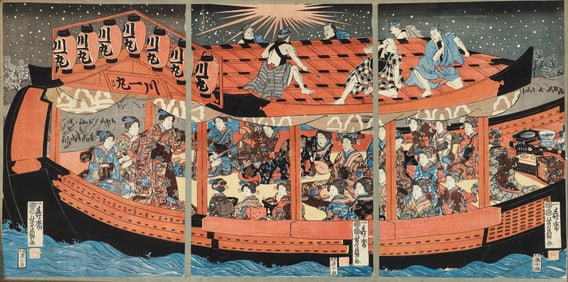 Utagawa Yoshikazu woodblock triptych Pleasure Barge with Laborers on Roof