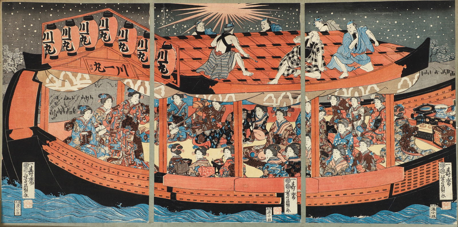 Utagawa Yoshikazu woodblock triptych Pleasure Barge with Laborers on Roof (1 of 4)