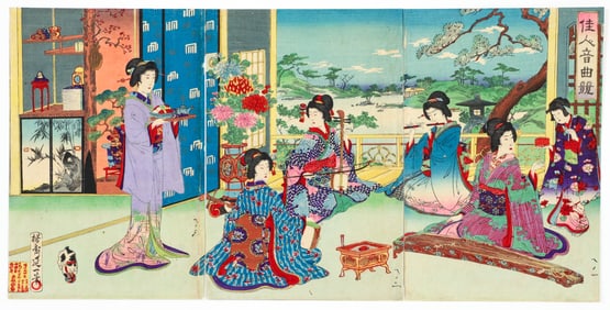 Watanabe Nobukazu 1891 woodblock triptych Musical Competition of Beauties