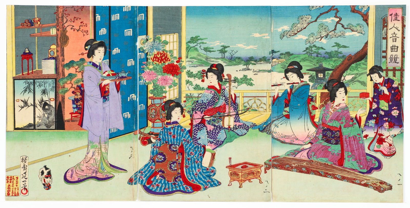 Watanabe Nobukazu 1891 woodblock triptych Musical Competition of Beauties: Watanabe Nobukazu (Japanese, 1872-1944), Musical Competition of Beauties (Kajin ongyoku kurabe), 1891, color woodblock triptych, 13.5 x 9.25 inches, 13.5 x 27.75 inches, Publisher: Nagamatsu Sakugoro.