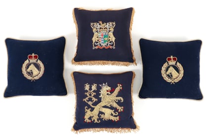 4 Embroidered Down Filled Heraldic Motif Pillows