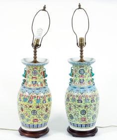 Pair of Famille Jaune Vases fitted as Lamps