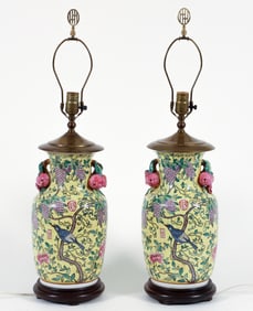 Pair of Chinese Famille Jaune Pomegranate Vases fitted as Lamps