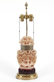 Chinese carved quartz or Jadeite sculpture mounted as a lamp