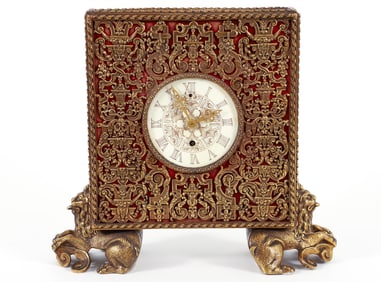 American Renaissance Revival Ormolu and red Velvet shelf Clock