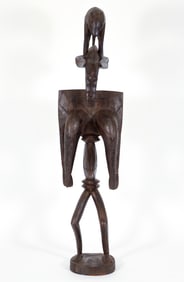 Large African Wood Statue Figure with Animal on Head