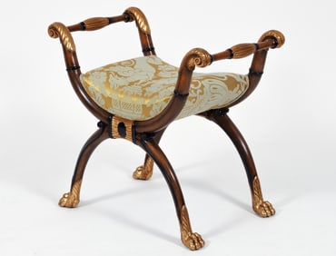 Ebonized and Gilt Carved Wood Empire Style Curule Bench