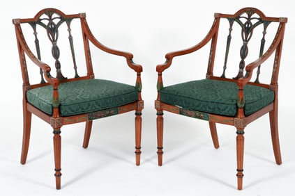 Pair Adam Style Polychrome Painted Fruitwood Armchairs