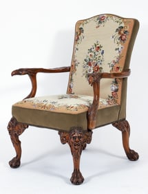 Highly Carved Eagle Head Armchair with Needlework Upholstery