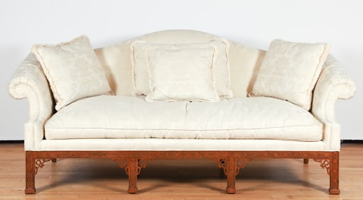 Chippendale Style Humpback Sofa in Cream Damask Upholstery