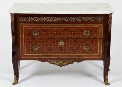 Louis XVI Transitional Style Parquetry Marble Top Commode