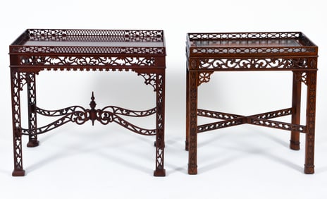 2 Chinese Chippendale Style Leather Top Side Tables