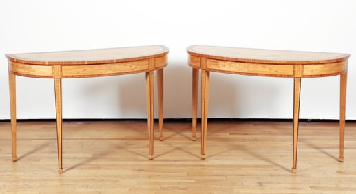 Pair of Mahogany and Satinwood Inlaid Federal Style Demilune Side Tables