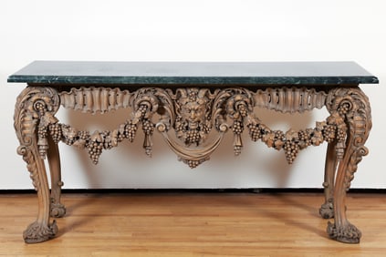 Mahogany Highly Carved Bacchanalian Motif Marble Top Table