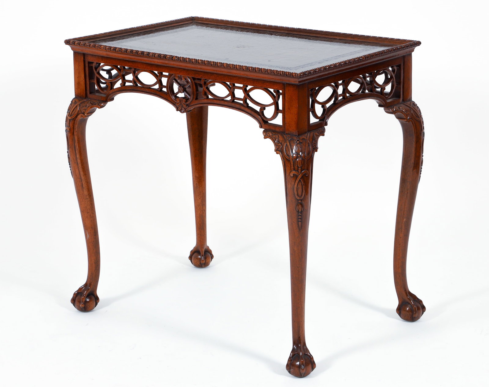 Maitland-Smith Chippendale Style Tea Table: Maitland-Smith Chippendale style tea table, late 20th century. Open fretwork apron, tooled leather top surface, claw and ball feet. 30.5 x 32 x 21.5 inches. Provenance: Estate of Charles G. Pauli, Pit