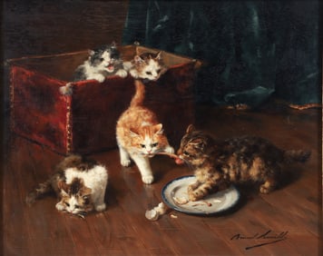 Alfred Arthur Brunel de Neuville painting Five Kittens Loose in The Kitchen