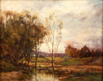 Charles P. Appel oil painting Autumn Landscape with a Village in the Distance