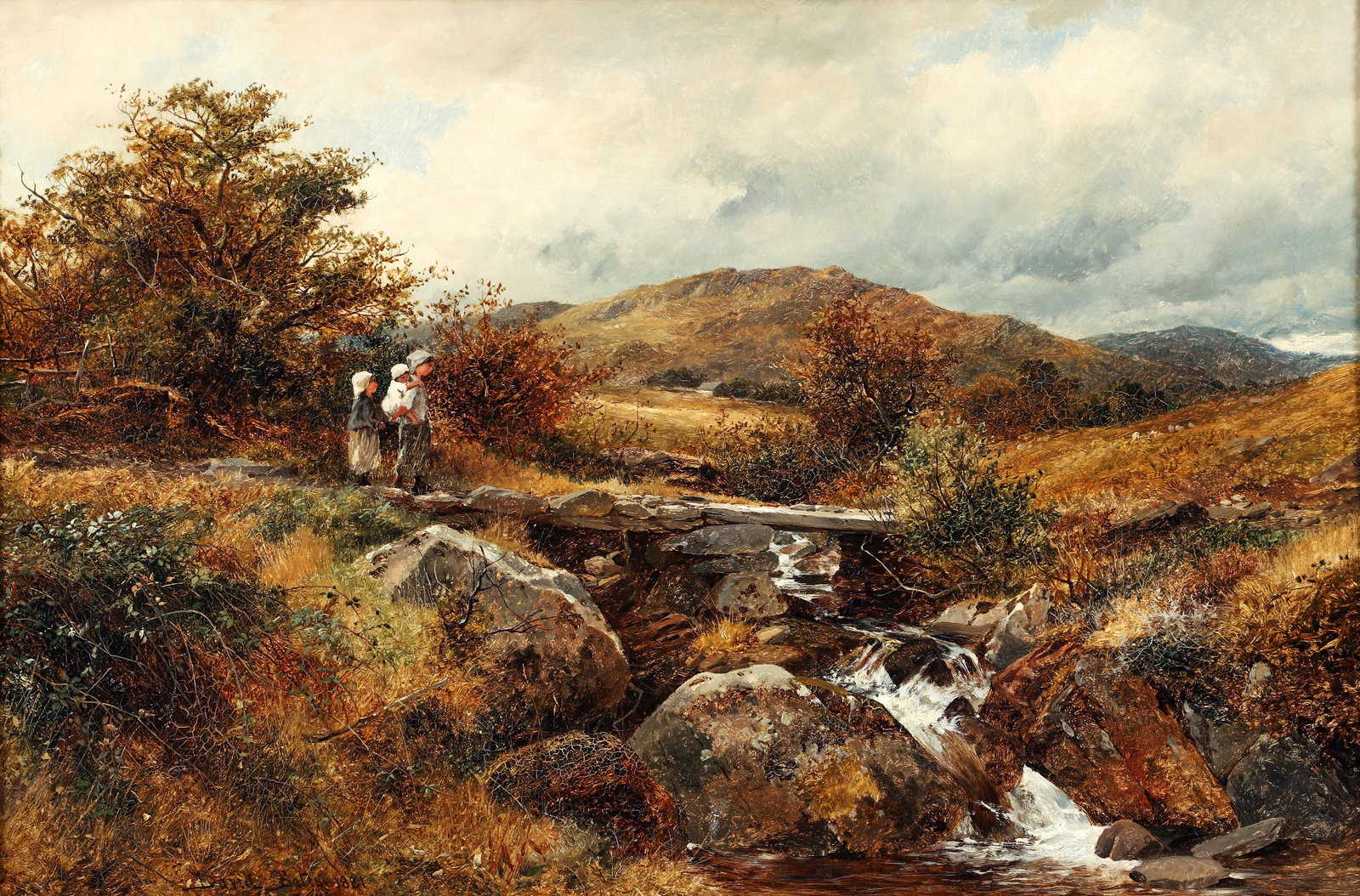 David Bates 1881 oil painting Crossing The Country Bridge: Bates, David (English, 1840-1921), Crossing the Country Bridge, Scotland, 1881, oil on canvas, 20 x 29.5 inches, signed and dated lower left, framed in a Victorian style frame measuring 26 x 35.5 inch