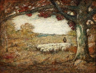 Louis P. Dessar 1910 tonalist landscape Shepherd with Sheep Under Tree