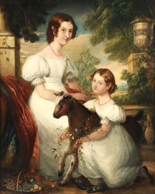 Portrait oil painting The Sisters in the Garden with their Pet Lamb