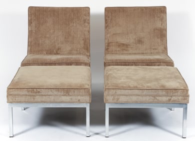 Pair Florence Knoll Style Slipper Chairs and Ottomans