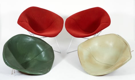 Pair of Bertoia Diamond Chairs in White with extra shells